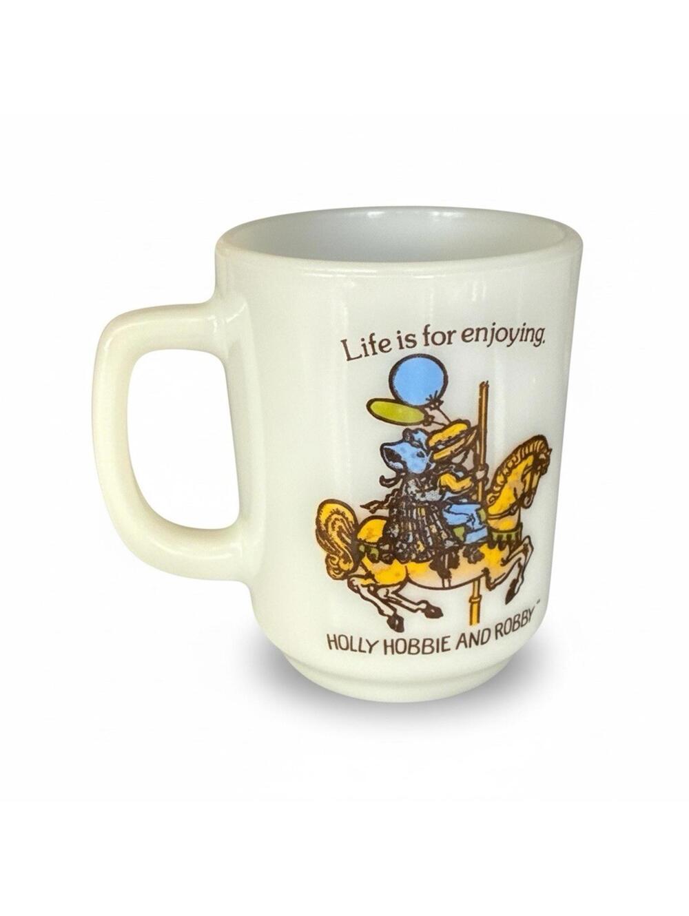 Vtg Holly Robby Hobbie Carousel Horse Milk Glass Mug White Horse Enjoying